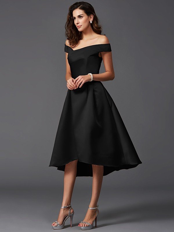 Elegant Off-the-Shoulder Sleeveless High Low Satin Bridesmaid Dresses