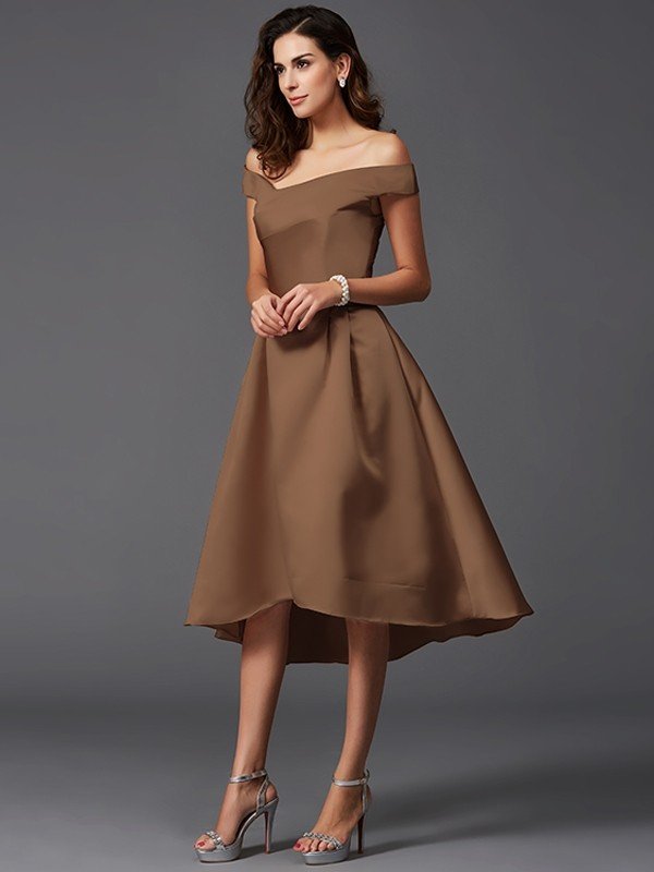 Elegant Off-the-Shoulder Sleeveless High Low Satin Bridesmaid Dresses