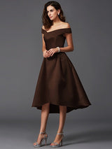 Elegant Off-the-Shoulder Sleeveless High Low Satin Bridesmaid Dresses