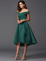 Elegant Off-the-Shoulder Sleeveless High Low Satin Bridesmaid Dresses