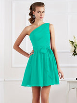 Elegant Pleats One Shoulder Sleeveless Short Chiffon Bridesmaid Dresses