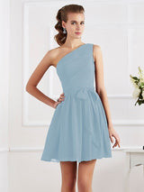 Elegant Pleats One Shoulder Sleeveless Short Chiffon Bridesmaid Dresses