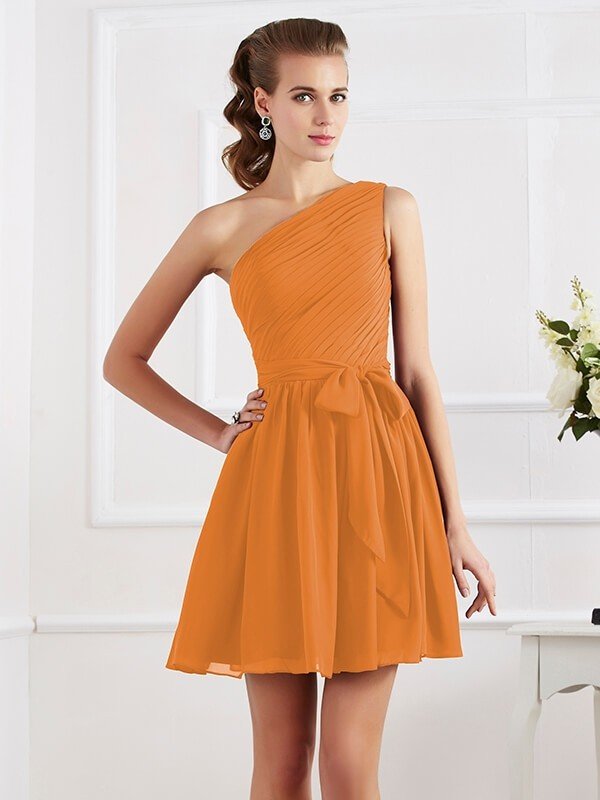 Elegant Pleats One Shoulder Sleeveless Short Chiffon Bridesmaid Dresses