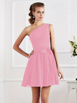 Elegant Pleats One Shoulder Sleeveless Short Chiffon Bridesmaid Dresses