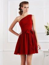 Elegant Pleats One Shoulder Sleeveless Short Chiffon Bridesmaid Dresses