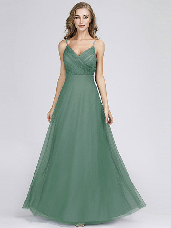 Elegant Tulle A Line V Neck Floor Length Wedding Party Bridesmaid Dress