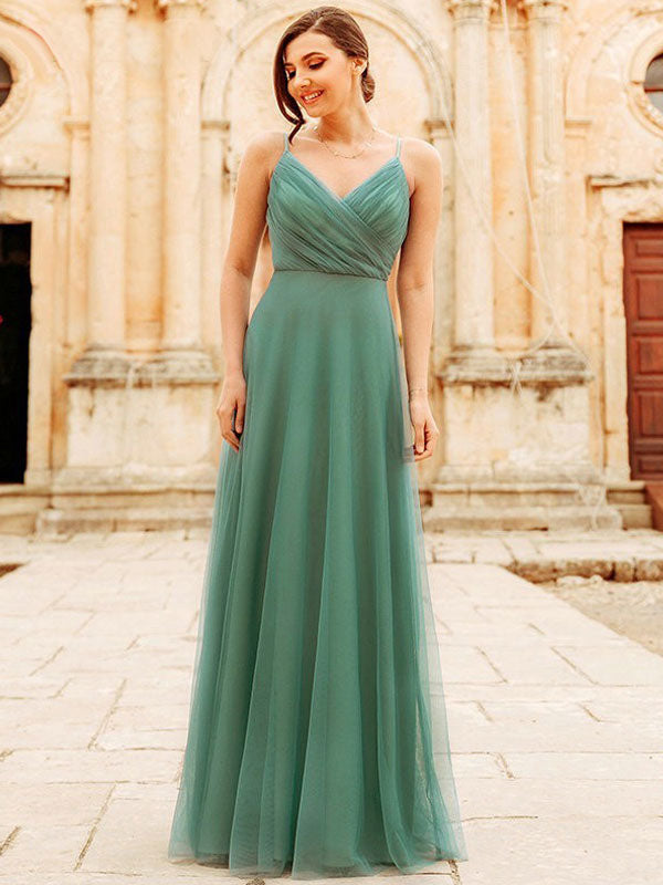 Elegant Tulle A Line V Neck Floor Length Wedding Party Bridesmaid Dress