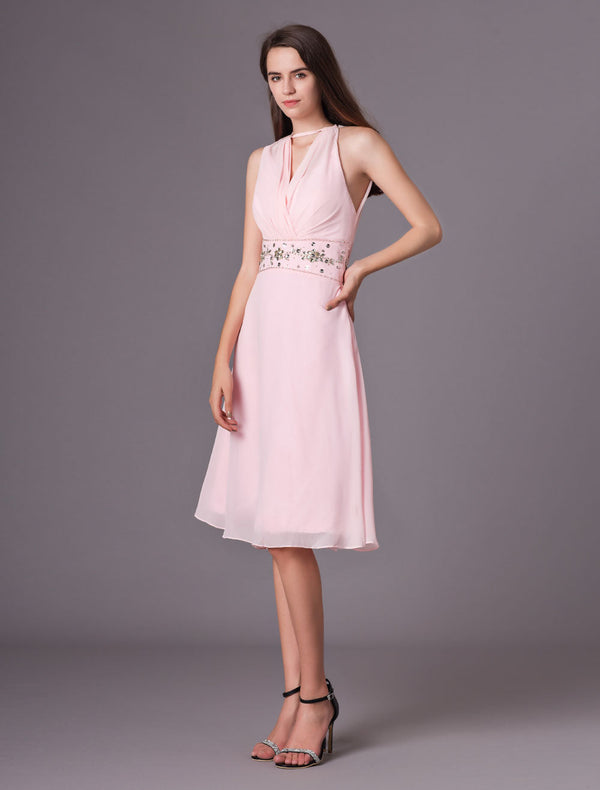 Elegant V-Neck Knee-Length Chiffon Beading Short Bridesmaid Dress