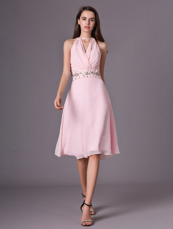 Elegant V-Neck Knee-Length Chiffon Beading Short Bridesmaid Dress