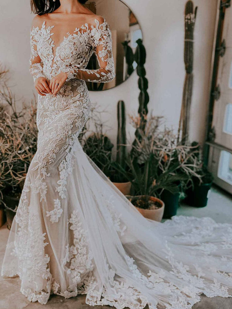 Unique Wedding Dress with Illusion Neckline