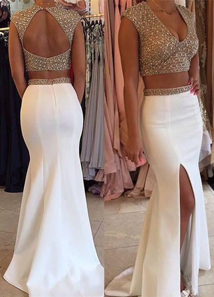 Glamorous Designer Two Piecess Prom Dresses Beadings Cap Sleeve Long Party Gowns