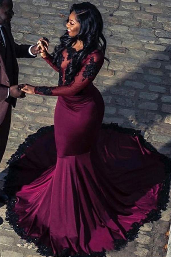 Glamorous Scoop Long Sleeves Appliques Tulle Mermaid Floor-Length Prom Dresses