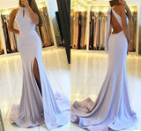 Halter Sexy Backless White Prom Dress Chiffon Long With Slipt