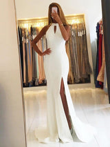 Halter Sexy Backless White Prom Dress Chiffon Long With Slipt