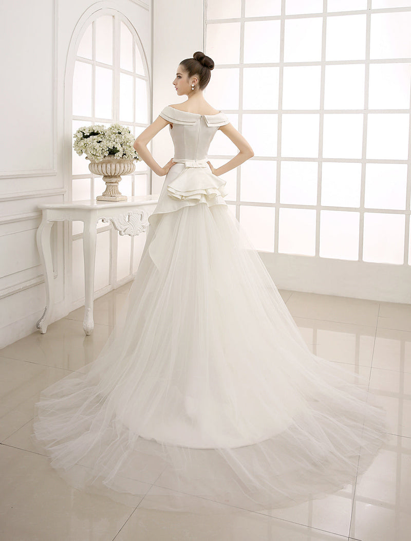 Ivory A-Line Sweep Bridal Wedding Dress With Off-The-Shoulder Ruffles Exclusive