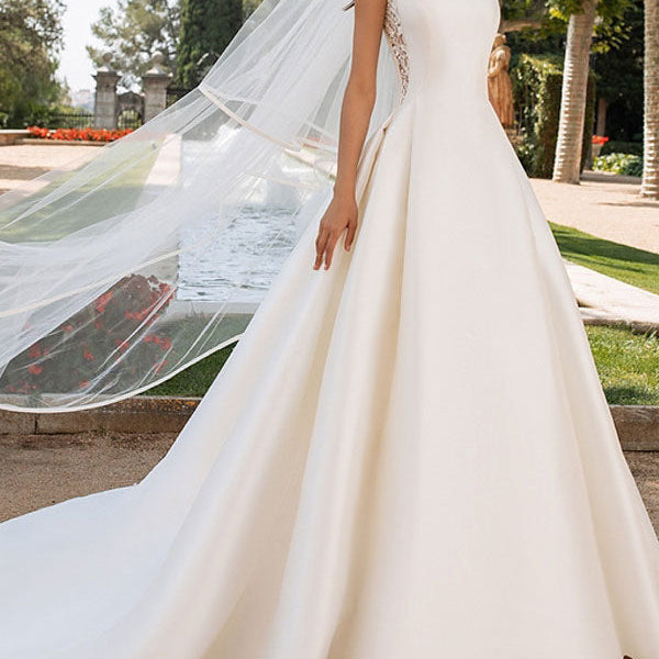 Ivory Satin A-line Court Train Wedding Dresses MW674