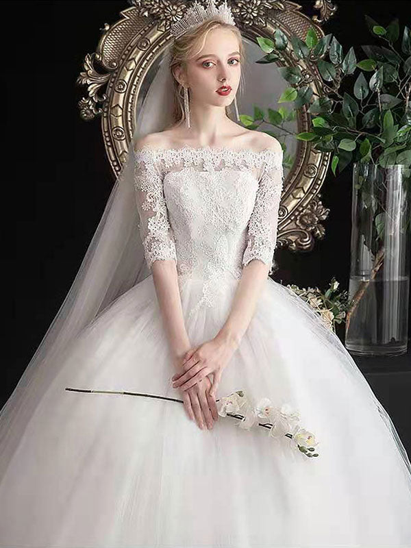 Cheap Wedding Dresses Eric White Off The Shoulder Half Sleeves Ball Gown  Soft Tulle Lace Up Floor Length Bride Dresses – Dbrbridal