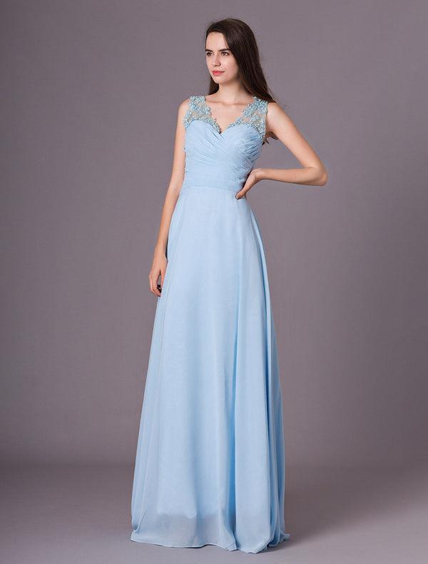 Light Sky Blue V-Neck Floor-Length Chiffon Flower On Shoulder Bridesmaid Dress