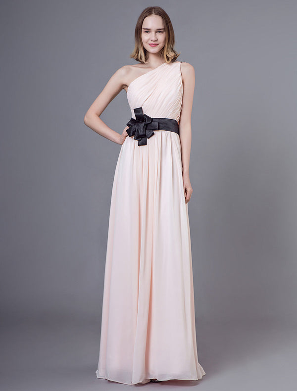 Long Chiffon One Shoulder Nude Bows Floor Length Bridesmaid Dresses