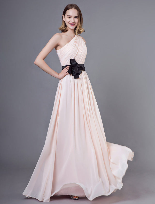 Long Chiffon One Shoulder Nude Bows Floor Length Bridesmaid Dresses