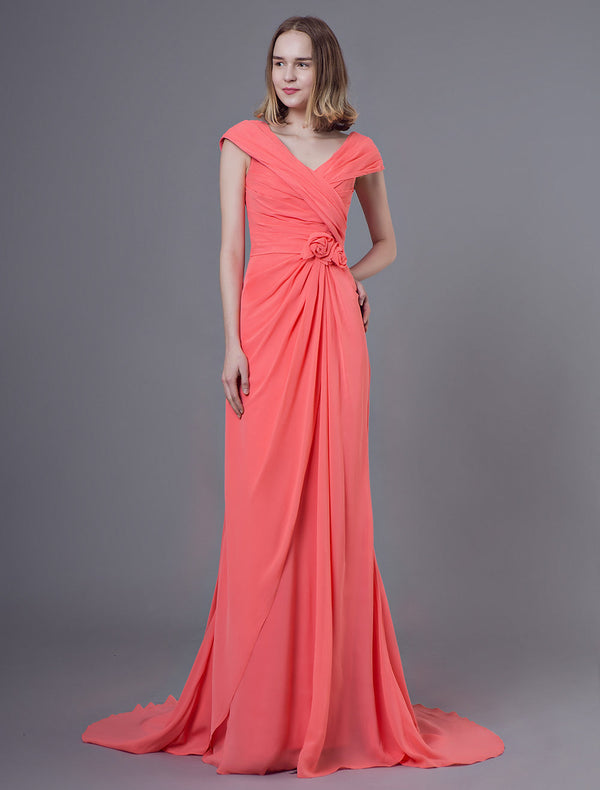 Long Chiffon Salmon Flowers Pleated Wedding Bridesmaid Dresses With Train