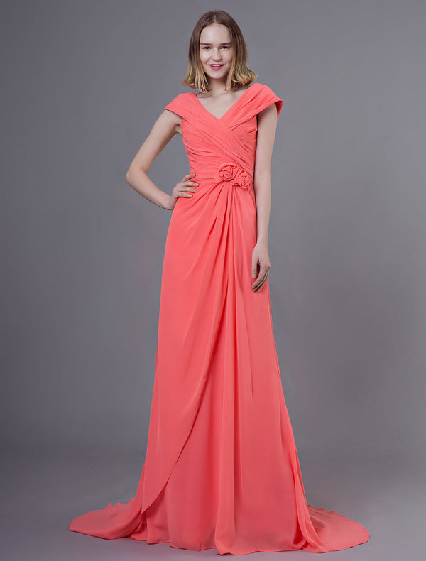 Long Chiffon Salmon Flowers Pleated Wedding Bridesmaid Dresses With Train