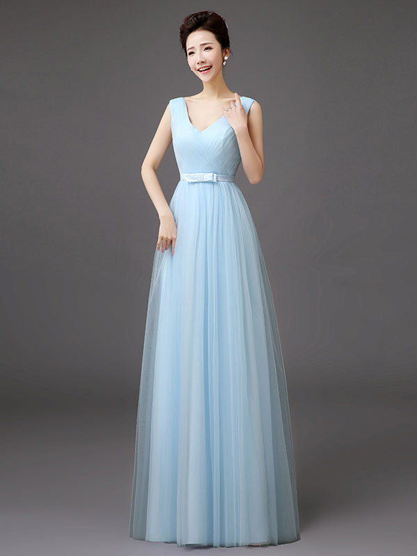 Long Tulle V Neck Sleeveless Bow Sash Floor Length Blue Bridesmaid Dress