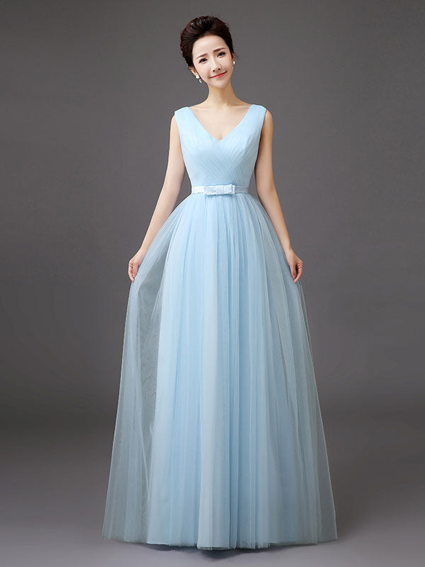 Long Tulle V Neck Sleeveless Bow Sash Floor Length Blue Bridesmaid Dress