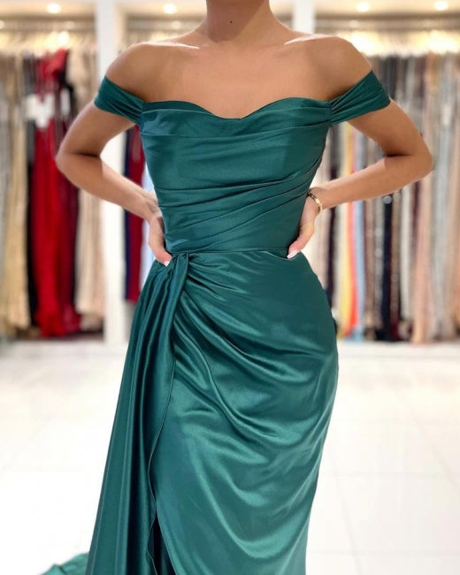 Modern Dark Green Off-the-shoulder Slit Mermaid Prom Dresses