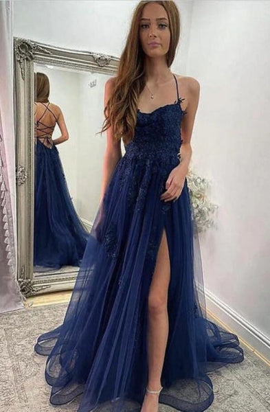 Navy Blue Halter Front Slit Spaghetti Straps A-Line Tulle Prom Dress –  Dbrbridal