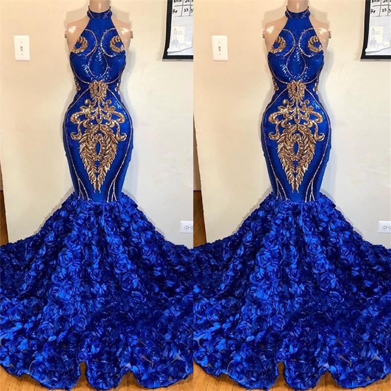 New Arrival Royal Blue Halter Mermaid Prom Dresses Glamorous Sleeveless Flowers Long Evening Gowns