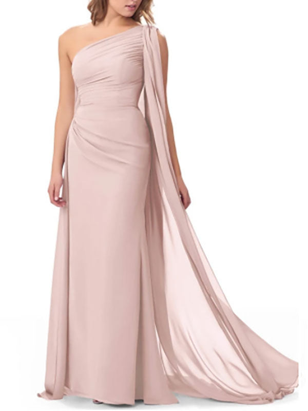 Pink Bridesmaid One Shoulder Chiffon Sleeveless Pleated Bridesmaid Dresses