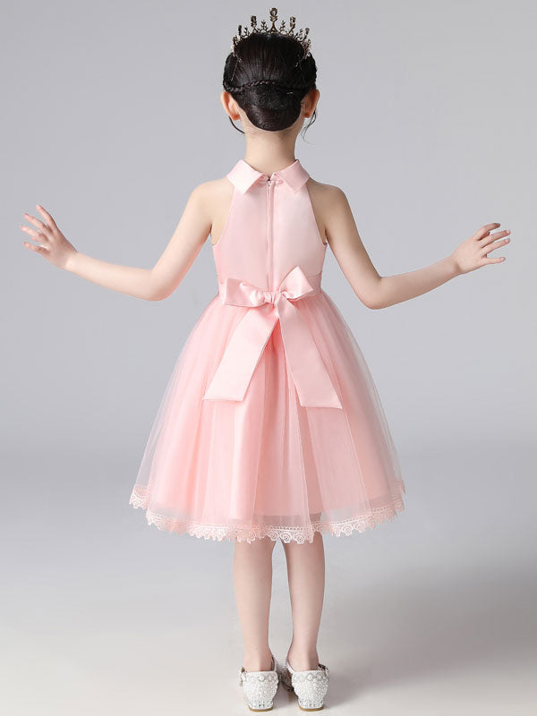 Pink Halter Neck Lace Sleeveless Short Princess Dress Bows Formal Kids Pageant flower girl dresses