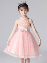 Pink Halter Neck Lace Sleeveless Short Princess Dress Bows Formal Kids Pageant flower girl dresses