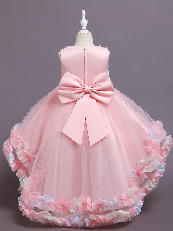 Pink Jewel Neck Tulle Sleeveless With Train A-Line Bows Formal Kids Pageant flower girl dresses