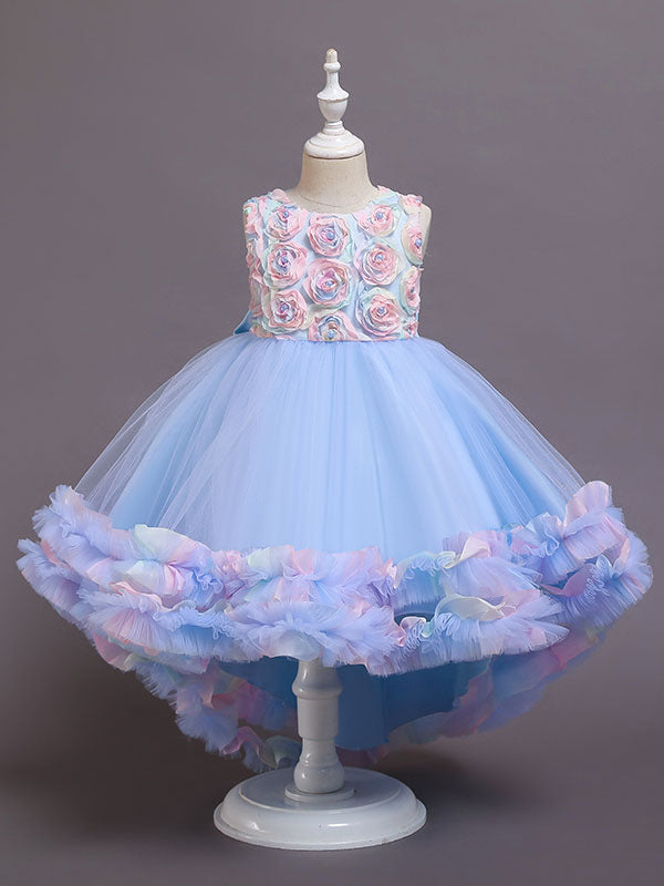 Pink Jewel Neck Tulle Sleeveless With Train A-Line Bows Formal Kids Pageant flower girl dresses