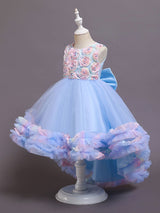 Pink Jewel Neck Tulle Sleeveless With Train A-Line Bows Formal Kids Pageant flower girl dresses