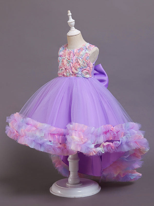 Pink Jewel Neck Tulle Sleeveless With Train A-Line Bows Formal Kids Pageant flower girl dresses