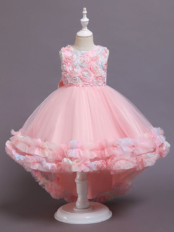 Pink Jewel Neck Tulle Sleeveless With Train A-Line Bows Formal Kids Pageant flower girl dresses