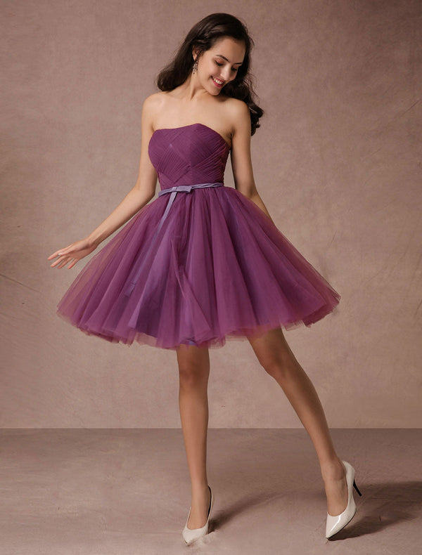 Plum Tulle Strapless Backless Woven Short Bridesmaid Dresses With Sash