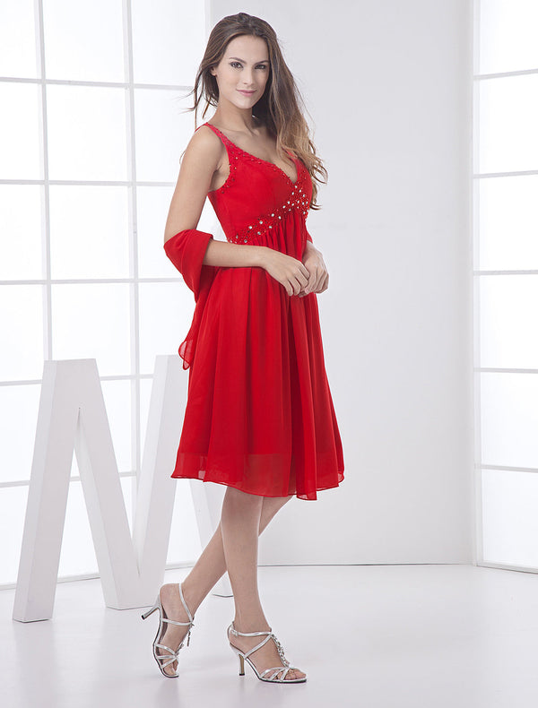 Red Backless Rhinestone Straps Chiffon Bridesmaid Dress