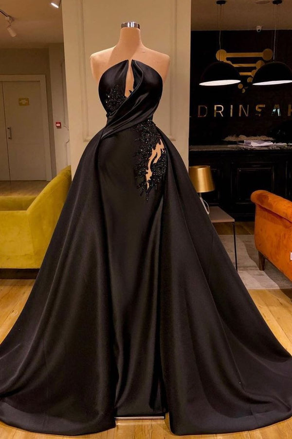 Sexy Ball Gown Strapless Black Prom Dress Long Beadings