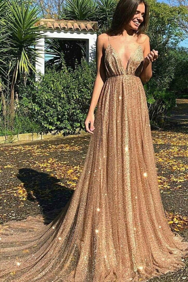 Sexy Sexy Deep V-Neck Spaghetti-Strapss Prom Dress Sequins Long