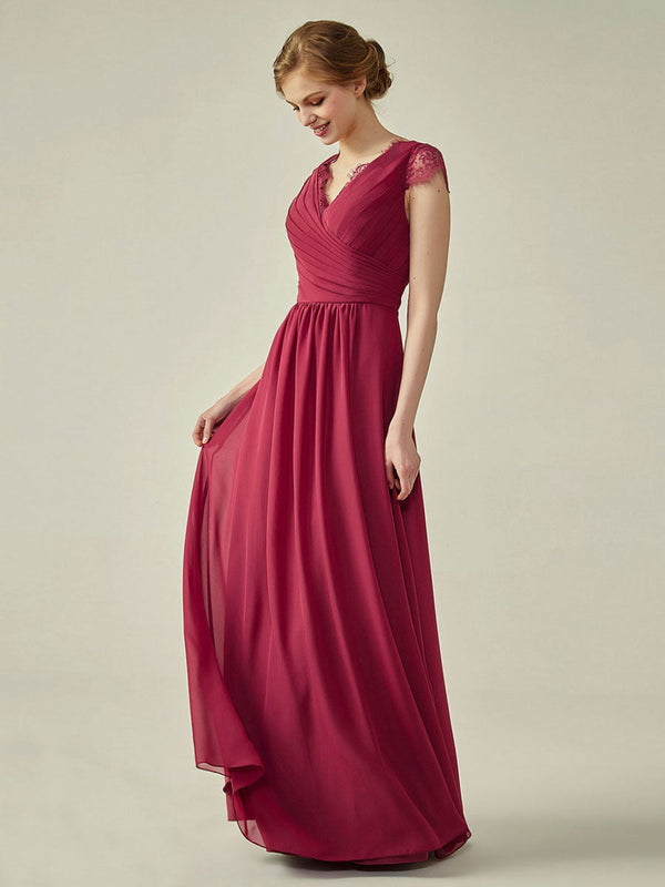 Sexy V Neck A Line Floor Length Chiffon Bridesmaid Dress