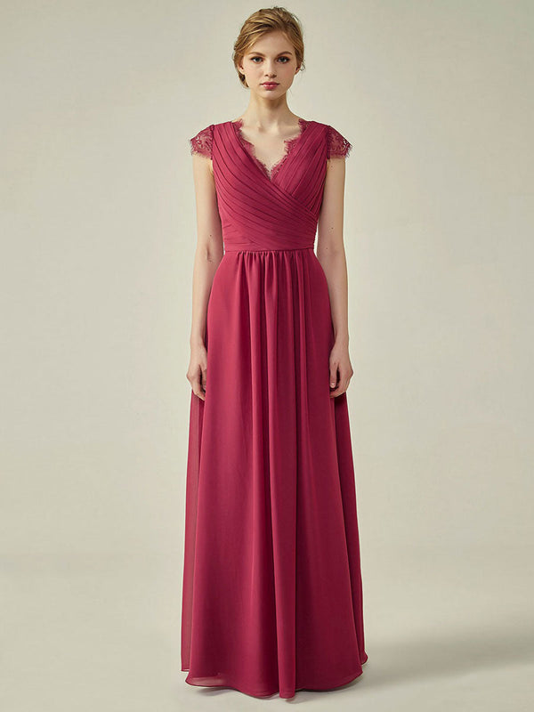 Sexy V Neck A Line Floor Length Chiffon Bridesmaid Dress