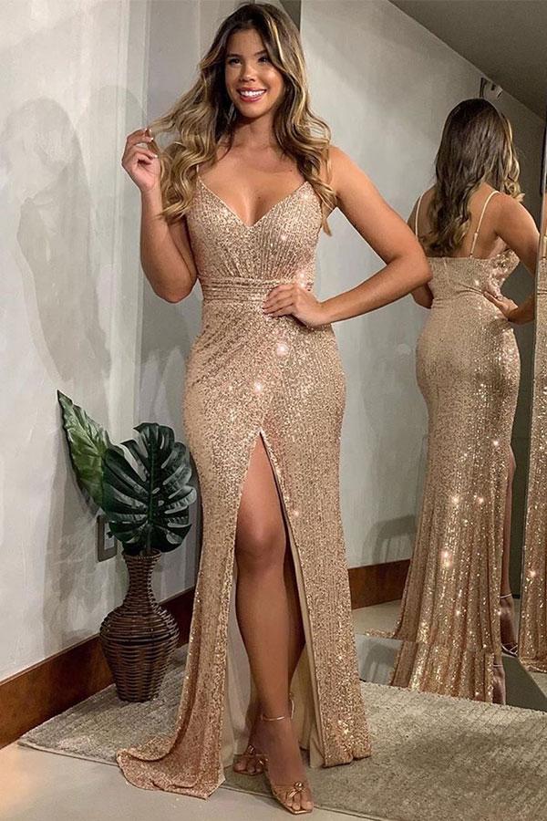 Shining Gold Spaghetti-Straps V-Neck Sequin Prom Dresses Online