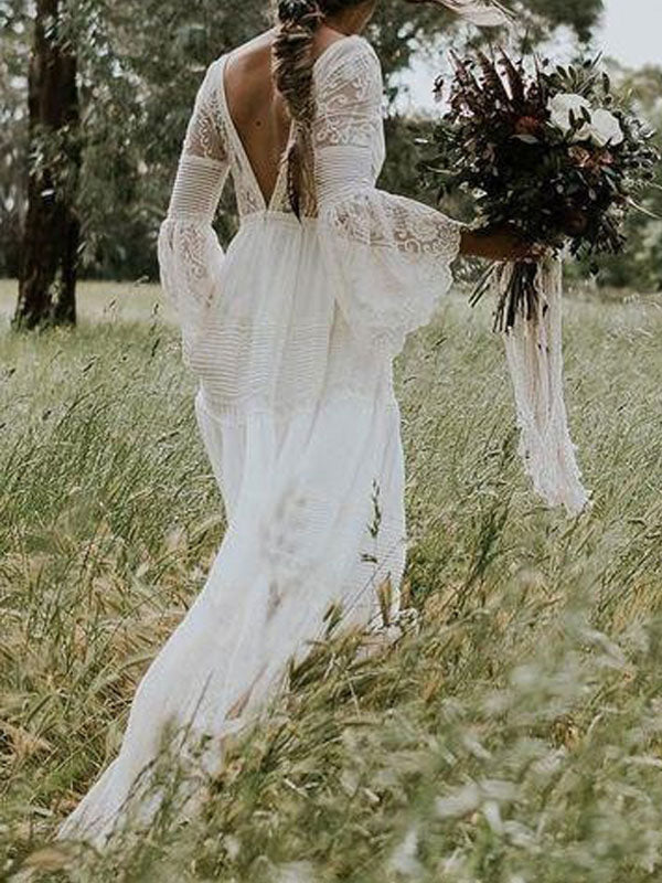 boho wedding dresses A-line deep V-Neck multilayer lace chiffon beach ...