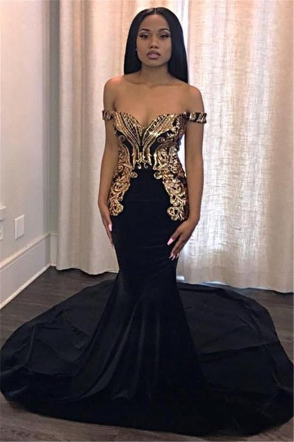 Unique Off-the-Shoulder Appliques Mermaid Sweep Train Prom Dresses