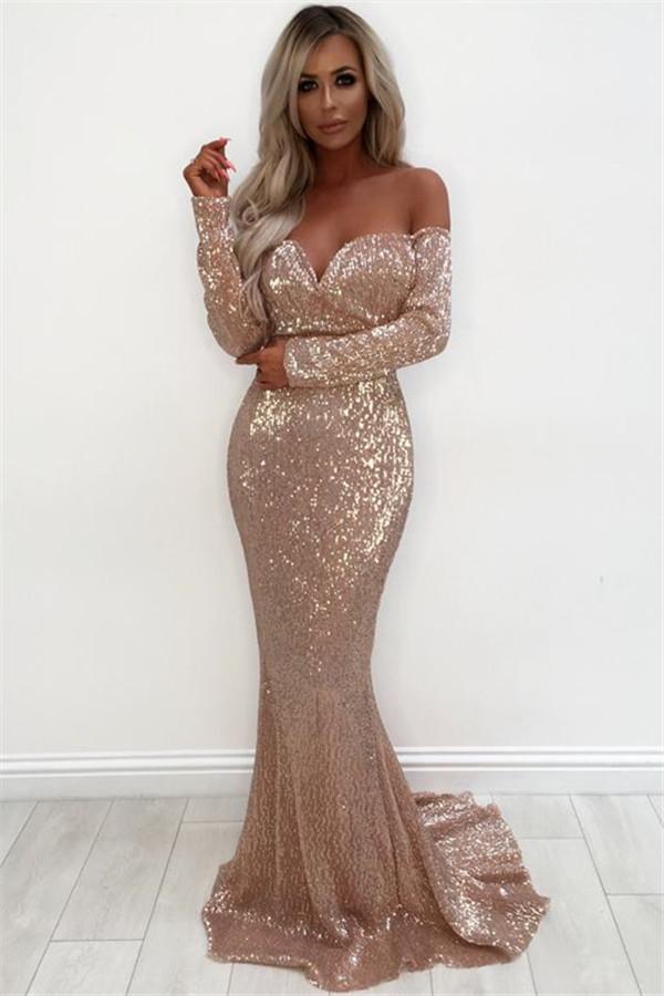 Unique Off-the-Shoulder Charming Sequins Evening Dresses Chic Long Sleevess Fit and Flare Prom Dresses Online