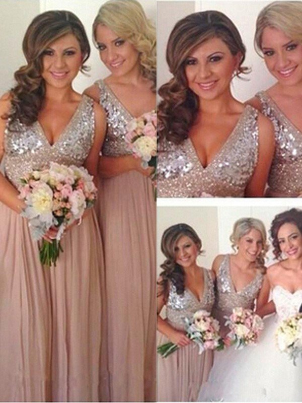 V-Neck Elegant Sleeveless Sequin Chiffon Bridesmaid Dresses